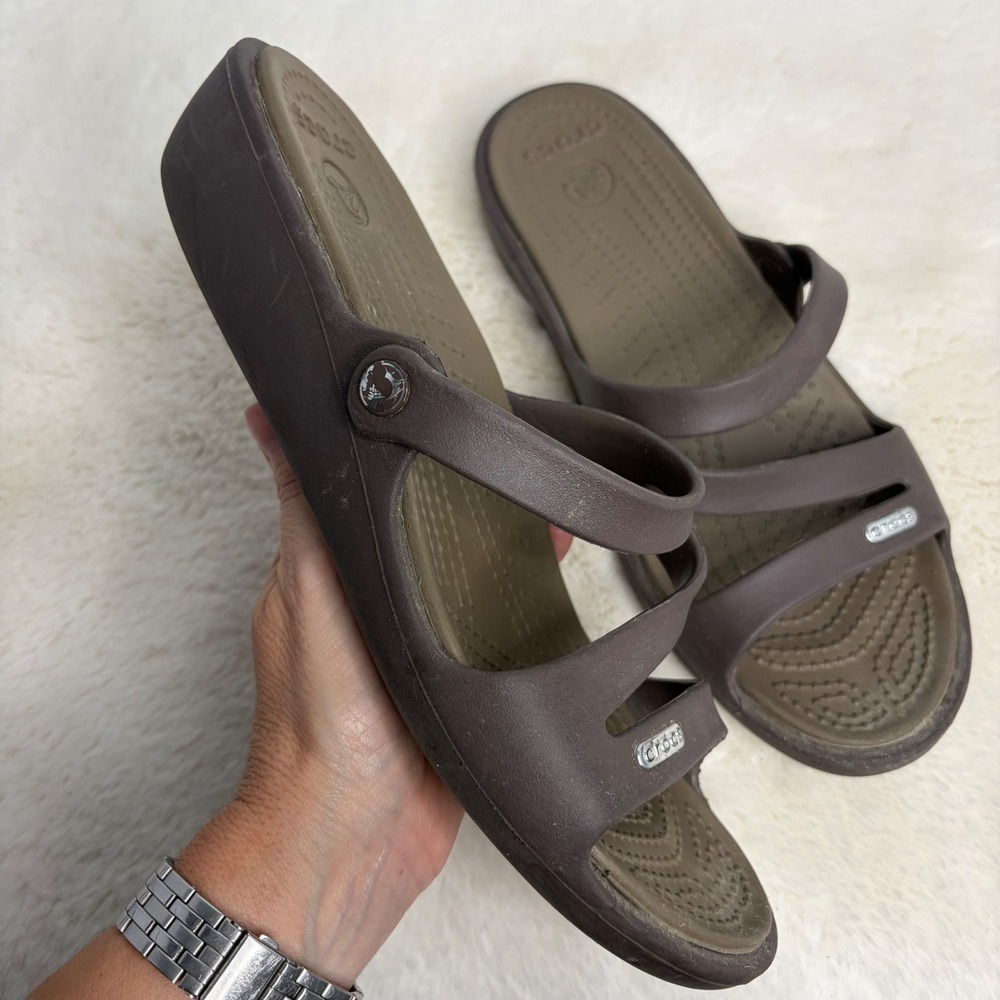 Crocs Patricia II Brown Tan Strappy Wedge Slide Sandals Womens Size 9